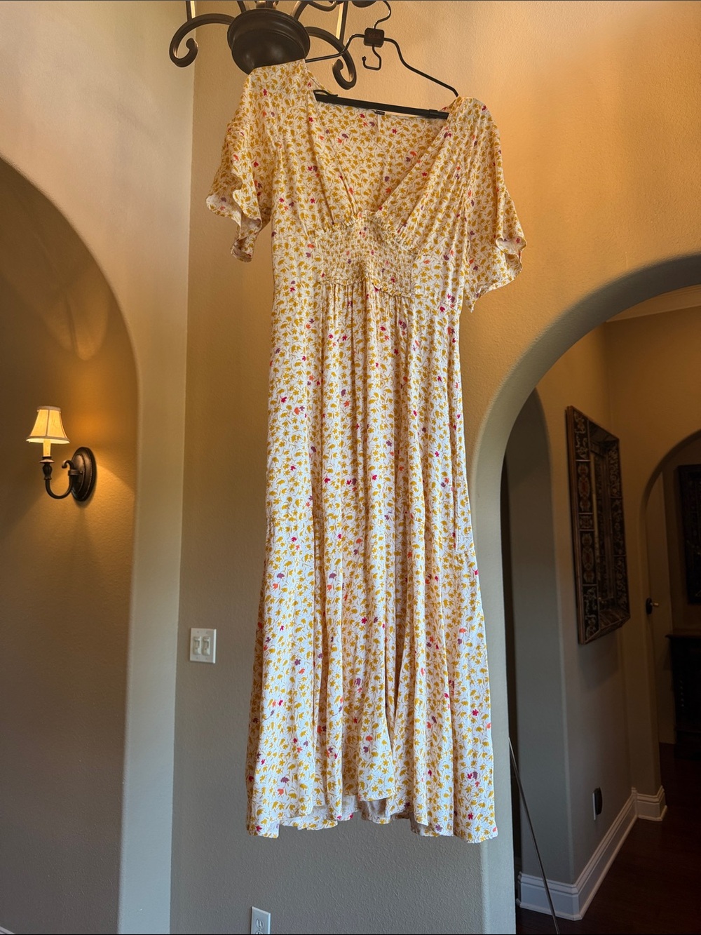 Free People Yellow Floral Maxi Dress with Pink Accents